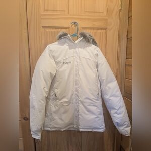 Columbia White Down Puffer Jacket With Fur Trimmed Hood Size 18/20